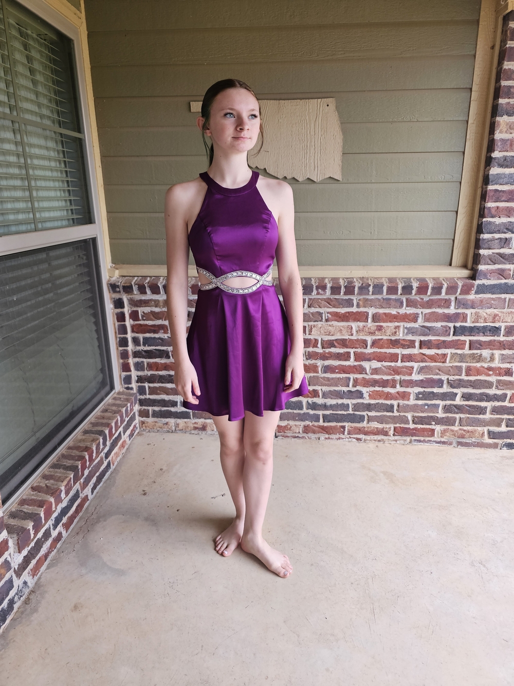 Xtraordinary Purple Halter Mini Dress with Rhinestone Cutout Waist